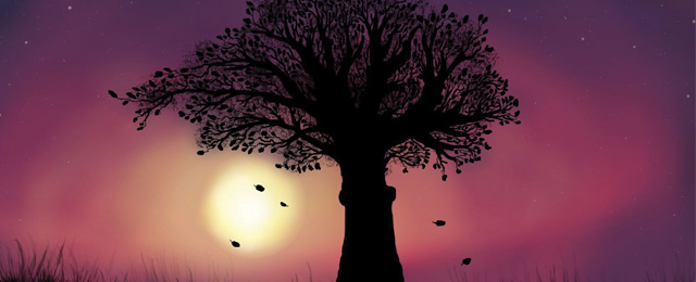 painting of bare tree at sunset