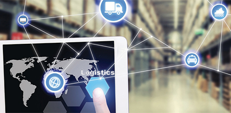 Ipad in warehouse with web of supply networks