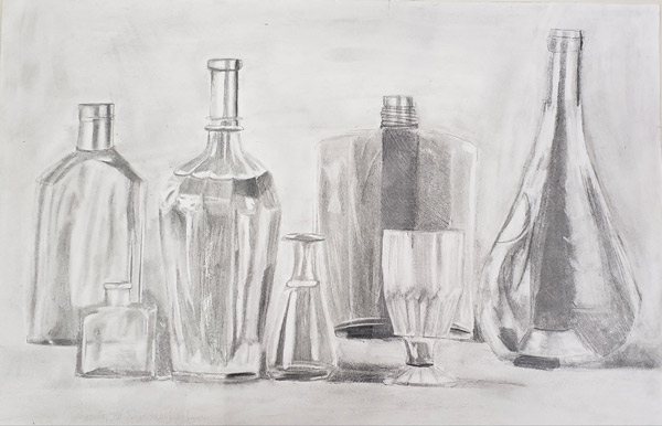 pencil drawing of bottles