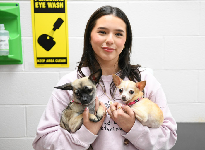 Eve Lopez, Columbia State veterinary technology student and AVMF/Dechra scholarship recipient, and her two dogs (left to right), Pepperoni and Gertrude. 