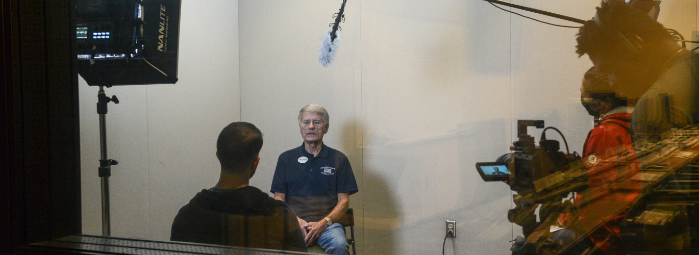 Columbia State students record a veteran's story at the Williamson Campus for the Library of Congress Veterans History Project.