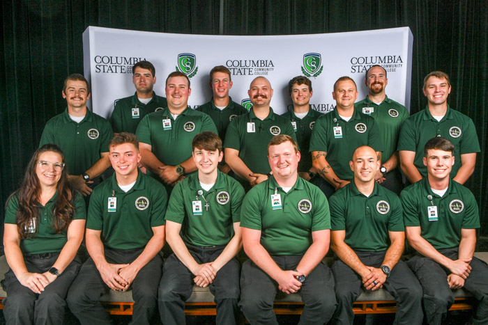 Pictured (standing, left to right): Dickson advanced emergency medical technician graduates Payton C. Tucker, Robert L. Simpkins, Steven L. Simmons, Payton G. Gibbs, Brady L. Davis, Matthew D. Steely, Chase Hosmer, Patrick Clifford and Dayton T. Hendrix. (Sitting, left to right): Heather C. Proctor, Ashton C. Deloach, Daniel Q. Hafner, Patterson R. Hutcheson, Slayden A. Seymore and Daniel J. Laster.