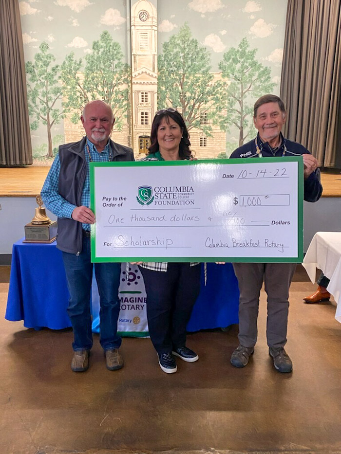 Pictured (left to right): Denny Beaver, Columbia Breakfast Rotary Club president; Bethany Lay, Columbia State vice president for advancement and executive director of the Columbia State Foundation; and Eddie Ables, Breakfast Rotarian and scholarship committee member.