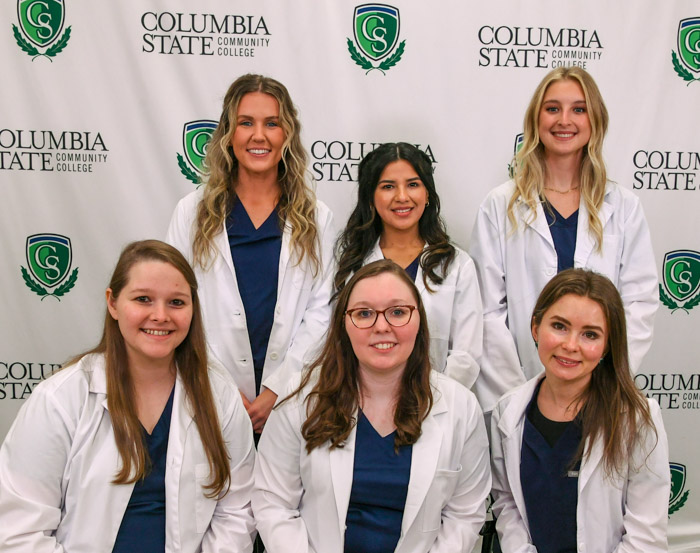 Pictured (standing, left to right): Davidson County nursing graduates Brenna E. Lawrence, Melisa R. Samayoa and Grace O. Stewart. (Sitting, left to right): Justice D. Lacour, Makayla L. McClanahan and Viktoriia Lomonosova.