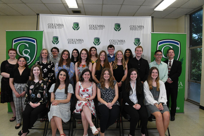 Williamson County: Pictured (standing, left to right): Hannah McCoy Leffingwell was honored for serving as Sigma Kappa Delta president/historian; Victoria M. Mercado received the Medical Laboratory Technology Academic Discipline Award and an Academic Excellence Award for maintaining a 3.9-4.0 GPA; Cari Ann Staples and Lincoln L. Moore received Academic Excellence Awards for maintaining a 3.9-4.0 GPA; Annaleisa Faith Matzirakis received the Chemistry Academic Discipline Award and the Introduction to Biology Research Academic Discipline Award, and was honored for serving as Student Government Association president and Phi Theta Kappa vice president of service; Jordan E. Barnick received an Academic Excellence Award for maintaining a 3.9-4.0 GPA; Alexa Lynn Gordon was honored for serving as a Student Government Association senator at the Williamson Campus, Autumn Nicole He received the Beverly Mitchell Prize for Creative Writing; April Douglas was honored as a TRiO Student Support Services graduate; William L. Stutts received the Engineering Academic Discipline Award and an Academic Excellence Award for maintaining a 3.9-4.0 GPA; Abigail K. Brady received an Academic Excellence Award for maintaining a 3.9-4.0 GPA; Grace Celine Swade received the Music Academic Discipline Award and received an Academic Excellence Award for maintaining a 3.9-4.0 GPA; Jacob Christopher Phillips was honored as Phi Theta Kappa president and was the recipient of the Carolyn Allred/Lewis Moore Outstanding Student Award; Justin Kuddar received the Mass Communication Academic Discipline Award; Wilson Durham Myers was honored for serving as Student Government Association senator at the Columbia Campus, Sigma Kappa Delta treasurer, and was a nominee for the Carolyn Allred/Lewis Moore Outstanding Student Award. (Sitting, left to right): Campbell W. Lahman was honored for serving as Student Government Association regional secretary; Saba Toski received the Economics Academic Discipline Award; Shea K. Carangelo received the A.S.T. Early Childhood Education (Pre K-3) Academic Discipline Award; Hannah E. Dunn received an Academic Excellence Award for maintaining a 3.9-4.0 GPA; Grayson Ruby Boone received the Emergency Medical Technician Academic Discipline Award; and Miranda J. Hart was honored for serving as Student Government Association senator at the Columbia Campus. Not Pictured: Rocco J. Bisagno received an Academic Excellence Award for maintaining a 3.9-4.0 GPA; Anna C. Bukowski received an Academic Excellence Award for maintaining a 3.9-4.0 GPA; Petra Alexandra Caballero Rodriguez received an Academic Excellence Award for maintaining a 3.9-4.0 GPA; Stephanie Nicole Curby received an Academic Excellence Award for maintaining a 3.9-4.0 GPA; Jacquelyn Anne Duke received an Academic Excellence Award for maintaining a 3.9-4.0 GPA; Evan Harrison Durham received the Health and Physical Education Academic Discipline Award; Zoha Fatima received an Academic Excellence Award for maintaining a 3.9-4.0 GPA and was recognized as a member of the All-USA Community and Junior College Academic Team; Grace A. Hannah received the Political Science Academic Discipline Award; Gweneth Hannah received an Academic Excellence Award for maintaining a 3.9-4.0 GPA; Matthew Randall Hopkins received an Academic Excellence Award for maintaining a 3.9-4.0 GPA; Chelsey Anne Hughes was honored as a member of the Lambda Beta Honor Society; Mohammed M. Hussain was honored for serving as Student Government Association senator at the Williamson Campus; Jared M. James received an Academic Excellence Award for maintaining a 3.9-4.0 GPA; Jason Timothy LaBuff received an Academic Excellence Award for maintaining a 3.9-4.0 GPA; Connor F. Landry received an Academic Excellence Award for maintaining a 3.9-4.0 GPA; Amy S. Lowry received an Academic Excellence Award for maintaining a 3.9-4.0 GPA; Matthew B. Mann received an Academic Excellence Award for maintaining a 3.9-4.0 GPA; Gregory Charles Medley received an Academic Excellence Award for maintaining a 3.9-4.0 GPA; Haley Reynolds received the Business Administration Academic Discipline Award and an Academic Excellence Award for maintaining a 3.9-4.0 GPA; Mandy Roberts received an Academic Excellence Award for maintaining a 3.9-4.0 GPA; Morgan Elizabeth Rodenhizer was honored as a member of the Lambda Beta Honor Society; Hanna Ross received an Academic Excellence Award for maintaining a 3.9-4.0 GPA; Elle Claire Rovenstine received an Academic Excellence Award for maintaining a 3.9-4.0 GPA; Tyler Strachan received the EMS Academy Academic Discipline Award; Maxwell Douglas Styler received an Academic Excellence Award for maintaining a 3.9-4.0 GPA; Lynsey M. Turner received an Academic Excellence Award for maintaining a 3.9-4.0 GPA; Lauryn Mackenzie Tyler received the Art Academic Discipline Award; Abigail Vance received a TCCAA All-Academic Athletics Soccer Award; Jacob Rollin Waggoner received an Academic Excellence Award for maintaining a 3.9-4.0 GPA; and Julia A. Weinstein received an Academic Excellence Award for maintaining a 3.9-4.0 GPA.