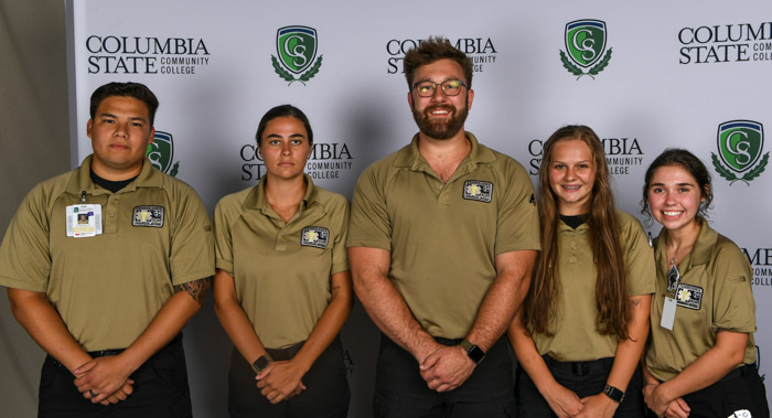 Pictured (left to right): Rutherford County paramedic graduates Cristian Alvarado, Aubrey Lukis, Marshall Wingerter, Cyara Ward and Victoria Vaden.