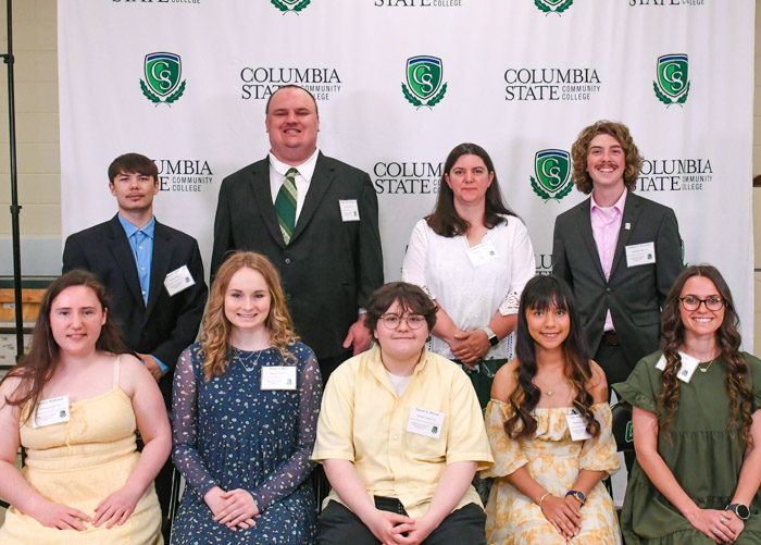 Marshall County: Pictured (standing, left to right): Anthony Cayden Flickinger was honored for serving as the Student Government Association House of Representatives Campus Representative for the Lewisburg Campus; Samuel M. Childress received the Leadership Award for the Lewisburg Campus and was honored for serving as the Student Government Association Senator for the Lewisburg Campus; Heather L. Ofarrell received the Medical Laboratory Technology Academic Discipline Award and an Academic Excellence award for maintaining a 3.9-4.0 GPA; and Jaeden D. Kennedy was honored for serving as the Student Government Association President and the Phi Theta Kappa Vice President of Leadership, received the Leadership Award for the Columbia Campus and was a nominee for the All-USA Academic Team and the Carolyn Allred/Lewis Moore Outstanding Student award. Sitting (left to right): Anna Grace Rothrock received the Humanities Academic Discipline Award and an Academic Excellence award for maintaining a 3.9-4.0 GPA; Hope A. Bone was honored for serving as Student Government Association At Large House of Representatives; Daniel L. Howse received the Psychology Academic Discipline Award; Paula Mendoza was honored for serving as the Student Government Association Senator for the Columbia Campus; and Zoe M. Long was honored by the Leadership U Honors Society. Not pictured: Ashlynn Peete and Emily Teague were honored as TRiO Student Support Services graduates; Lindsey Brown was honored for serving as the Sigma Kappa Delta Vice President; Lythia Ramirez received a TCCAA All-Academic Athletics Soccer award; and Preston Shelton received a TCCAA All-Academic Athletics Baseball award.