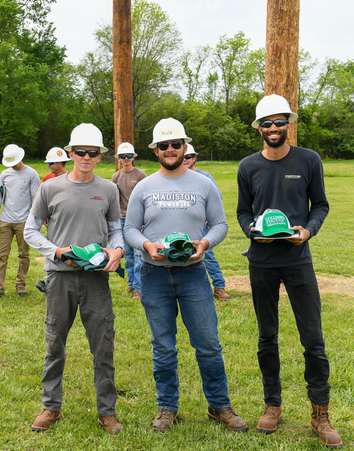 Pictured (left to right): Columbia State Community College Pre-Apprentice Lineworker Academy Mini-Rodeo overall winners Caleb Carter from Ashland City in first place, Hayden Arnold from Liberty in second place, and Wayne Johnson from Spring Hill in third place.
