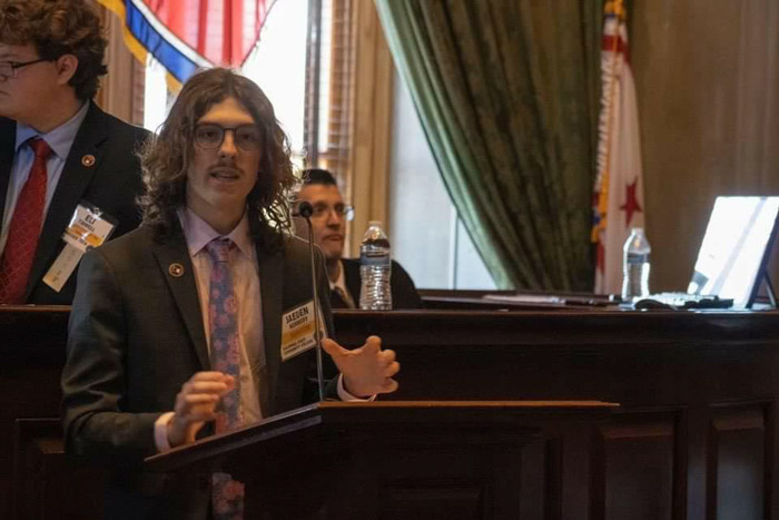 Columbia State student Jaeden Kennedy speaking in the TISL Senate. (Photo courtesy of Abby Aspinwall, Tennessee Intercollegiate State Legislature media)