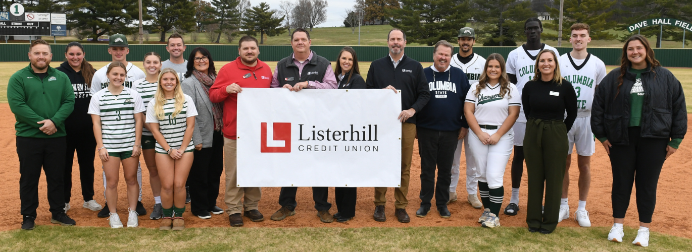 Group photo of Columbia State players, coaches and representatives as well as Listerhill Credit UNion representatives