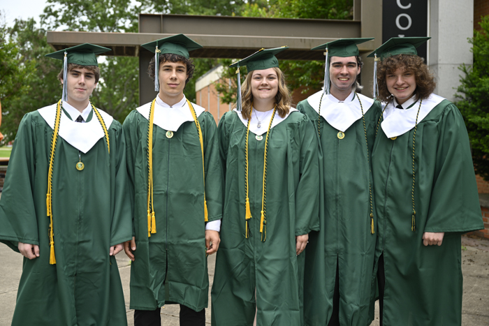 Pictured (left to right): Columbia State Spring 2025 Middle College graduates Jaxon Cagle, Lane Cunningham, Faith Wishaw, Jeremiah Wiebe and William Rogers.