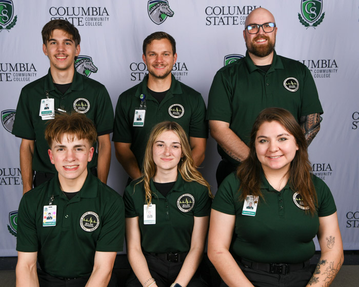 Pictured (standing left to right): Maury County advanced emergency medical technician graduates Austin Troope, Gabriel Bassham and William Cary. Pictured (sitting left to right): Josiah March, Miranda Rhea and Vianna Schneider.