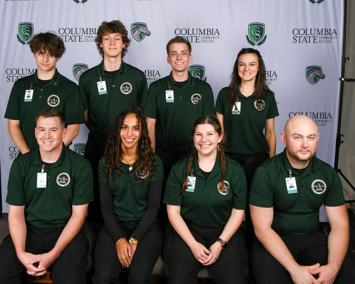 Pictured (standing left to right): Williamson County advanced emergency medical technician graduates Adler Puckett, Logan Weijers, Levi Dixon and Bria Beasley. Pictured (sitting left to right): Nathan Brown, Fahemah Bourini, Rylee Hawkins and Daniel Swinehart.