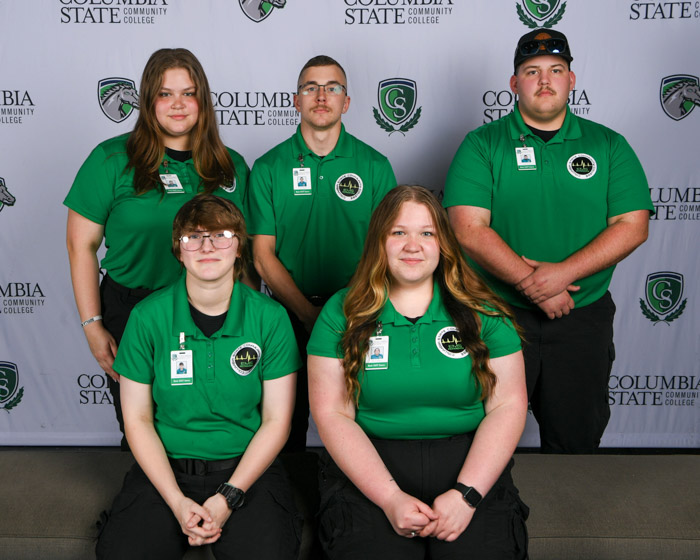 Pictured (standing left to right): Dickson County emergency medical technician graduates Adelyne Alvarado, Dalton Bretoi and Cole Bone. Pictured (sitting left to right): Brianna Gafford and Alyssa Rhea.