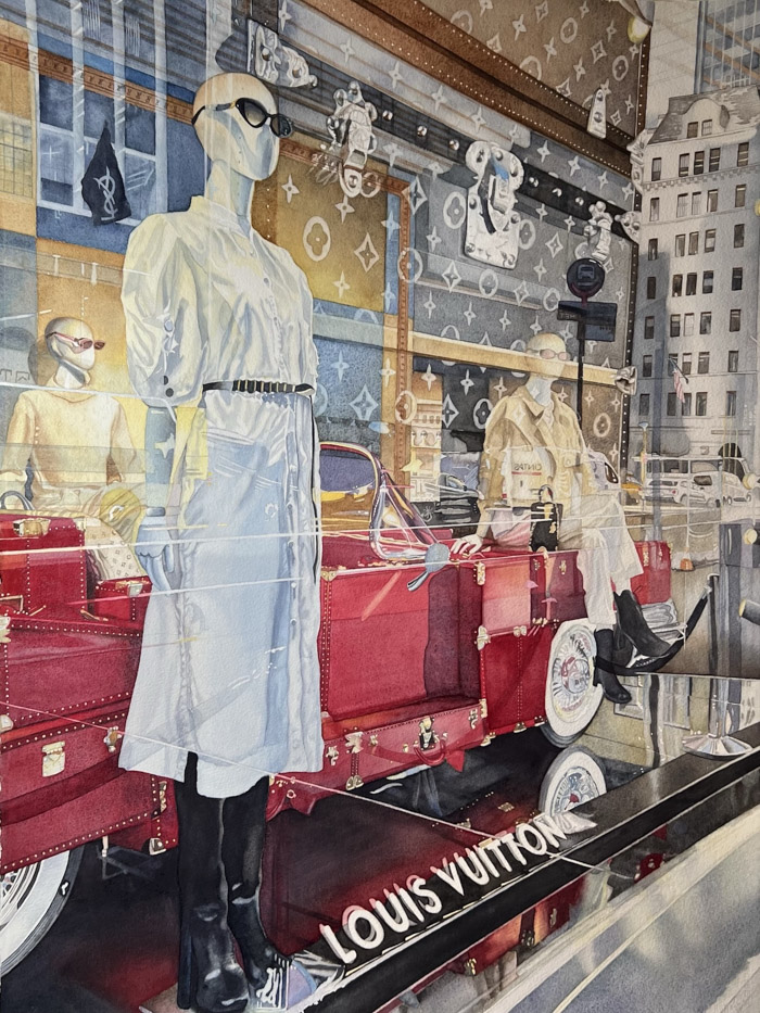 A watercolor painting shows mannequins in a window modeling clothes and items for Louis Vuitton.