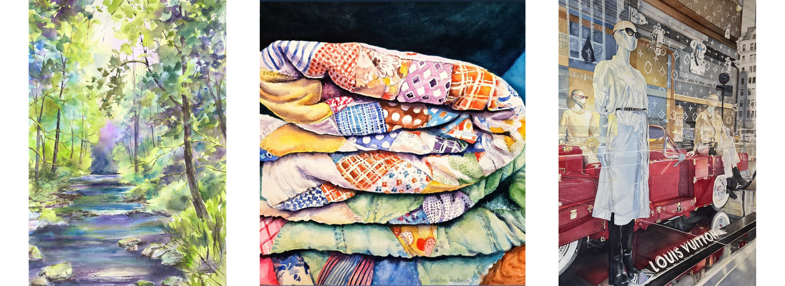 A collage shows three different watercolor paintings depicting a forest and river, a stack of quilts and mannequins in a store window.