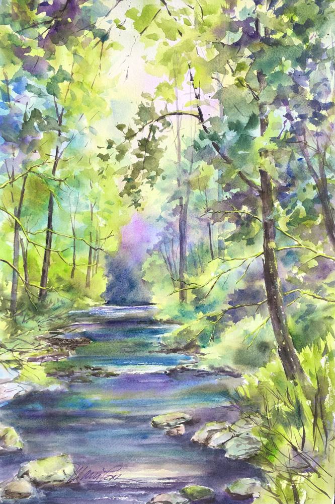 A watercolor painting shows a blue and green stream of water lined with green trees.