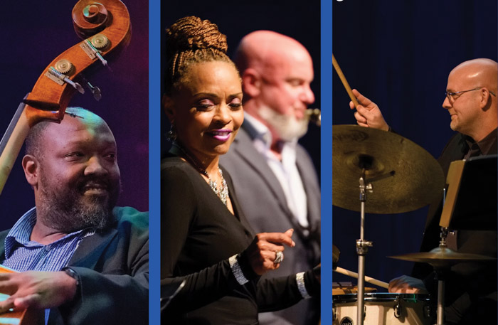 A collage shows three separate performers on stage playing instruments. 
