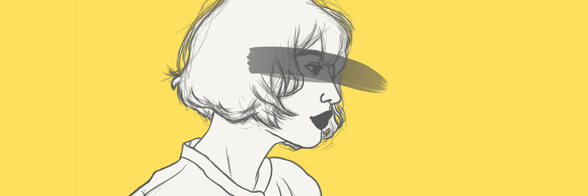drawing of young woman with gray stroke over eyes on yellow background